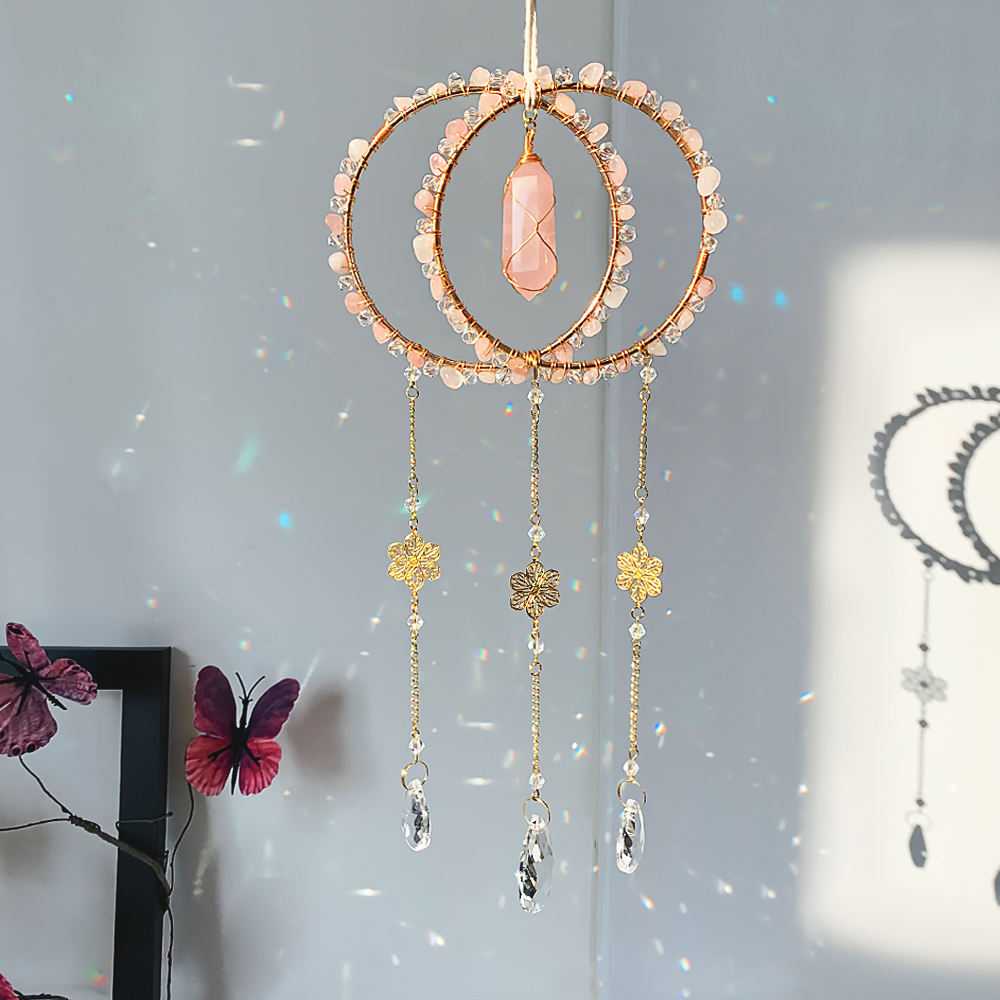 Celestial Blessing | Double Ring Crystal Suncatcher For Protection Rose Quartz