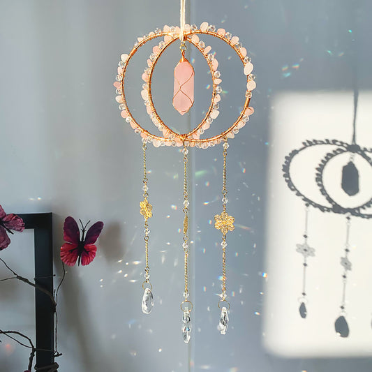Celestial Blessing | Double Ring Crystal Suncatcher For Protection Rose Quartz