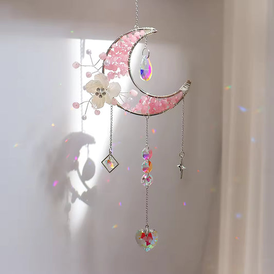Dewdrop Delight | Floral Moon Suncatcher - Rose Quartz