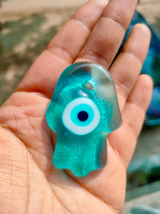 Hamsa evil eye pendant | Evil eye hanging Charm | Transparent blue 2 inches | Glass