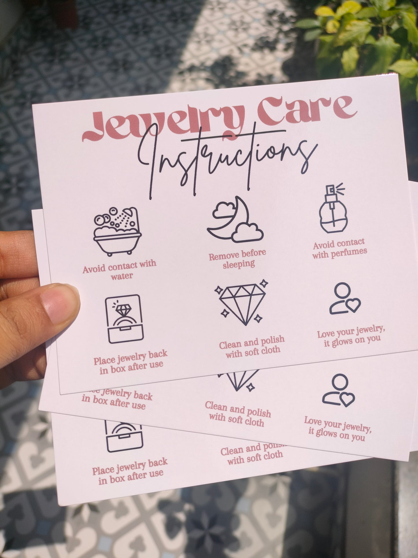 Jewelry Care Cards - Single Side Print (With White Envelopes)