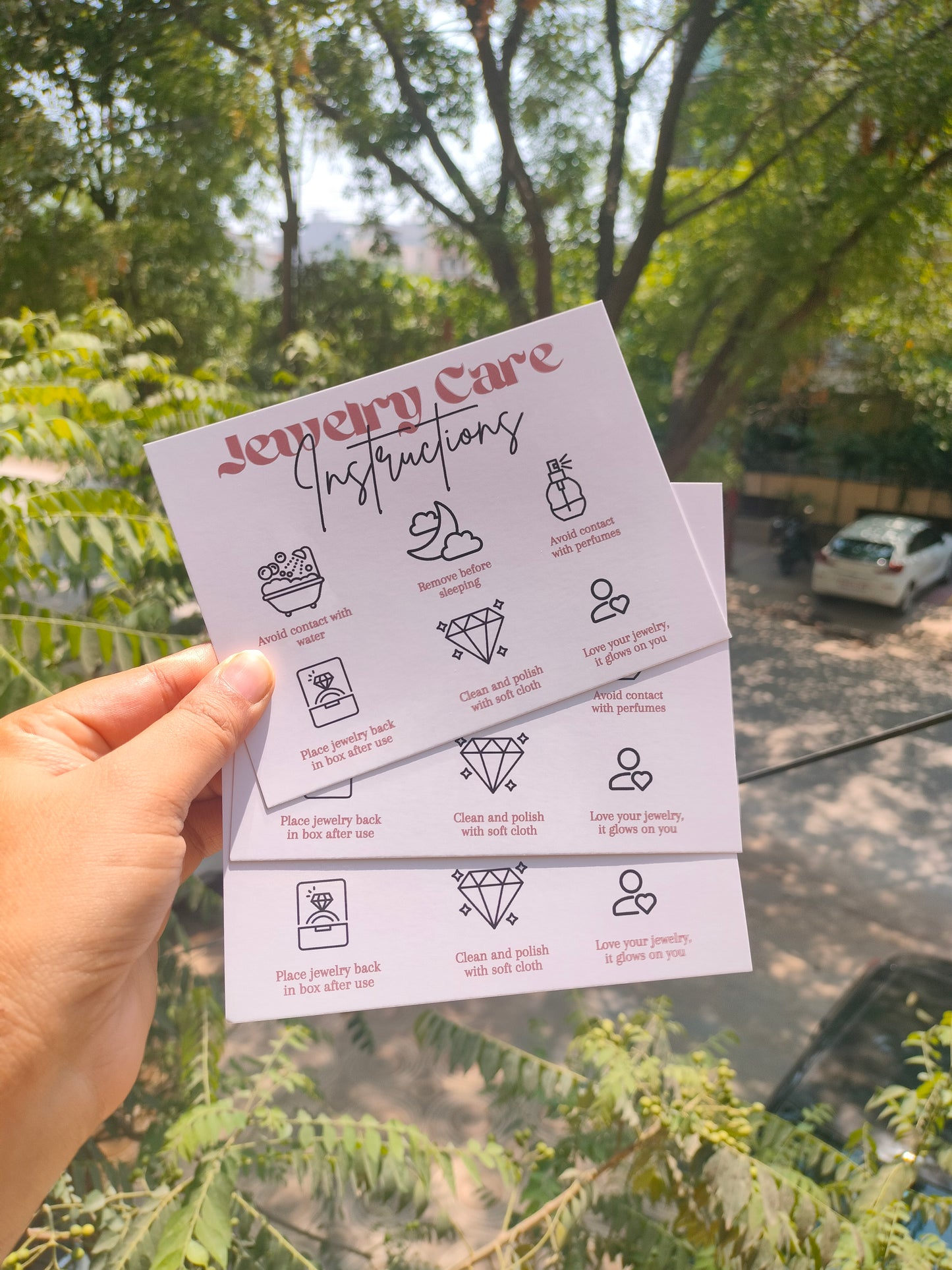 Jewelry Care Cards - Single Side Print (With White Envelopes)