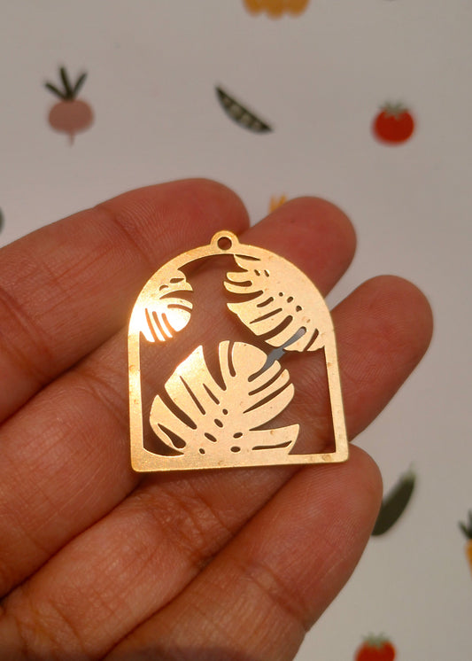 Plated Domed Monstera Charm, Raw Brass Botanical Garden Earring, Flat Monstera