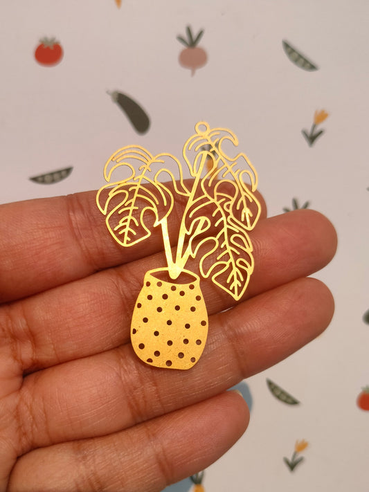 Raw Brass Monstera Flower Pot Earring, Bubbles Potted Plant Charm, Nervure Rib Leaf Pendant, Plant Charm