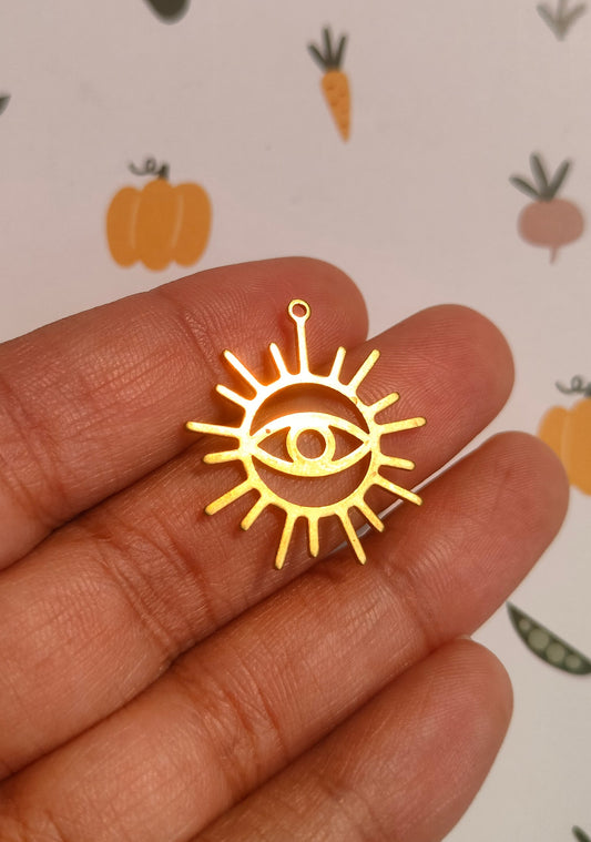 Eye Of The Sun Lasercut Earring, Raw Brass Sunshine Charm, Abstract Hollow Round Eye Charm