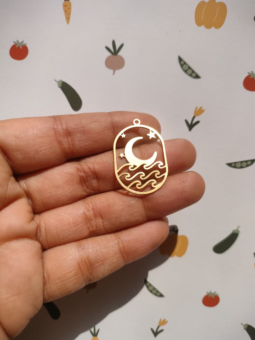 Celestial Earring Charm, Fat Oval Starry Sky Charm, Crescent Stars Waves Charm